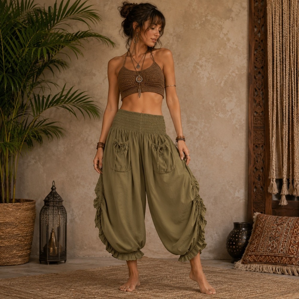 Back From Bali Womens Live Free Harem Pants Sz S-M Olive Green Boho Festival